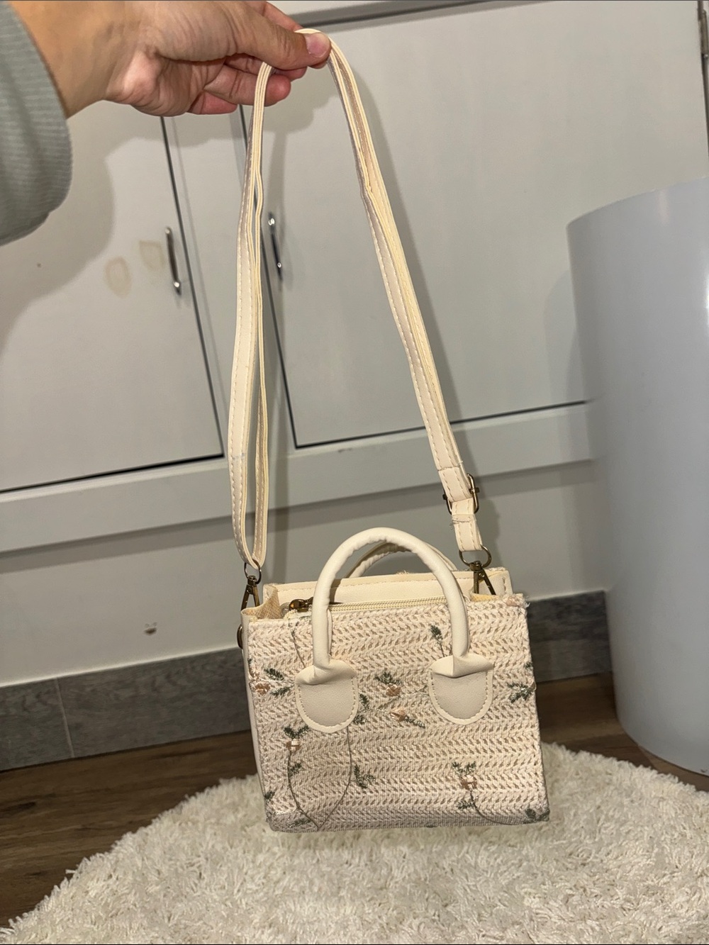 Cream Woven Floral Crossbody Tote - Women Bags